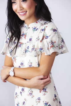 Mandarin Collar Yoke Ruffle Floral Dress